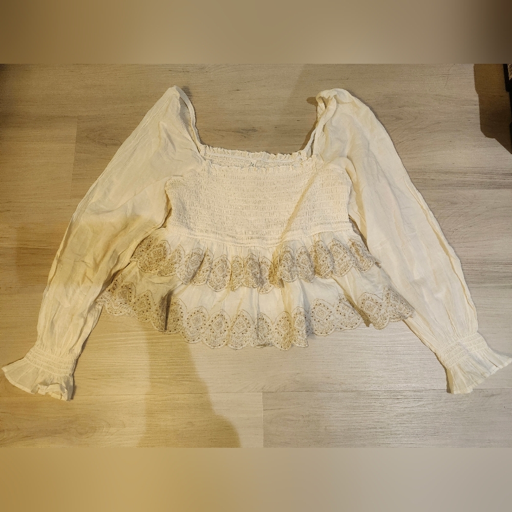 American Eagle Outfitters Ivory Smocked Blouse